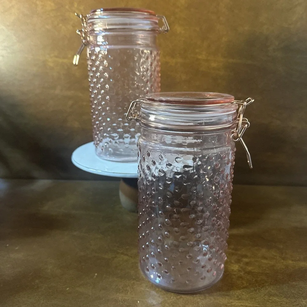 2-Hobnail Pink Glass Jar Canister Flip Top Lid 7-3/4
